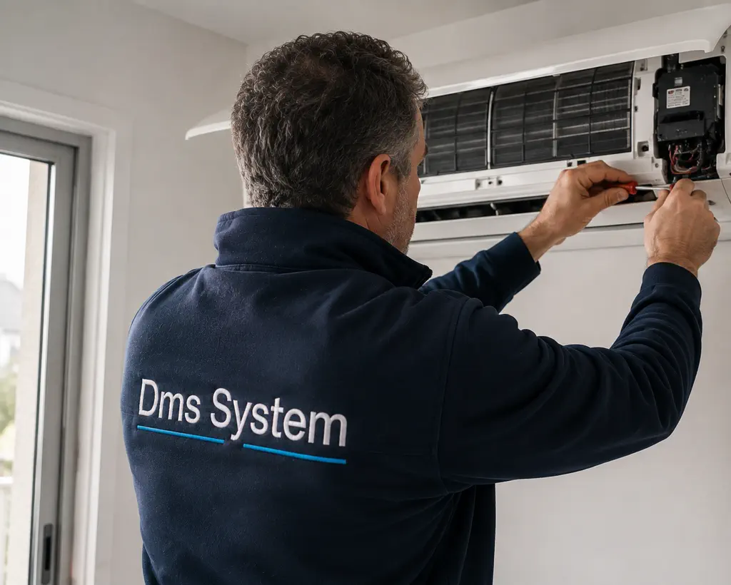 Technicien DMS System entretenant une unité murale de climatisation en logement
