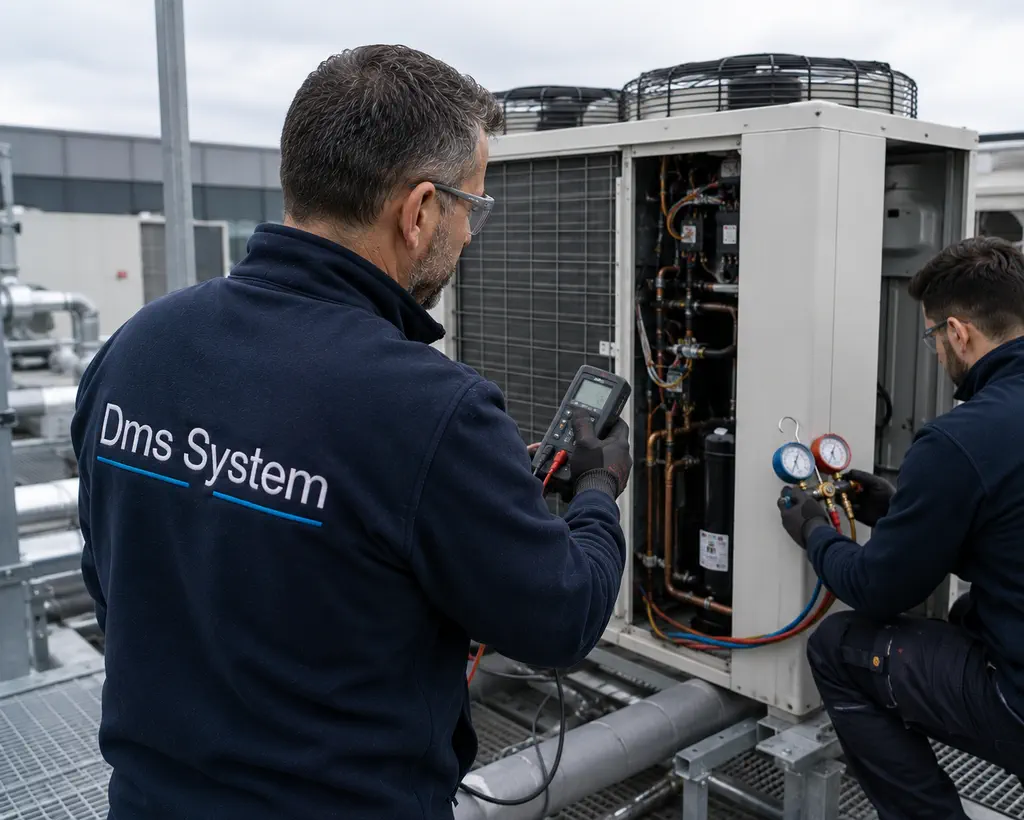 Deux techniciens DMS System sur un groupe extérieur de climatisation en toiture