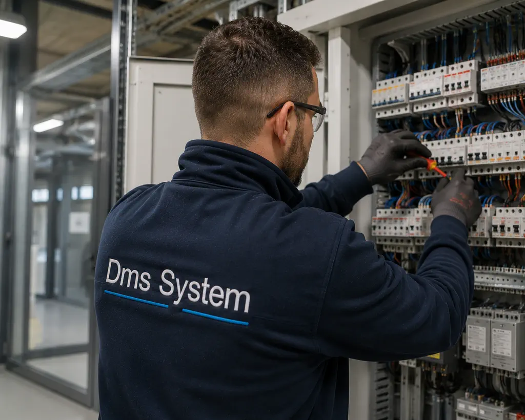 Technicien DMS System sur une armoire électrique de distribution en bâtiment tertiaire