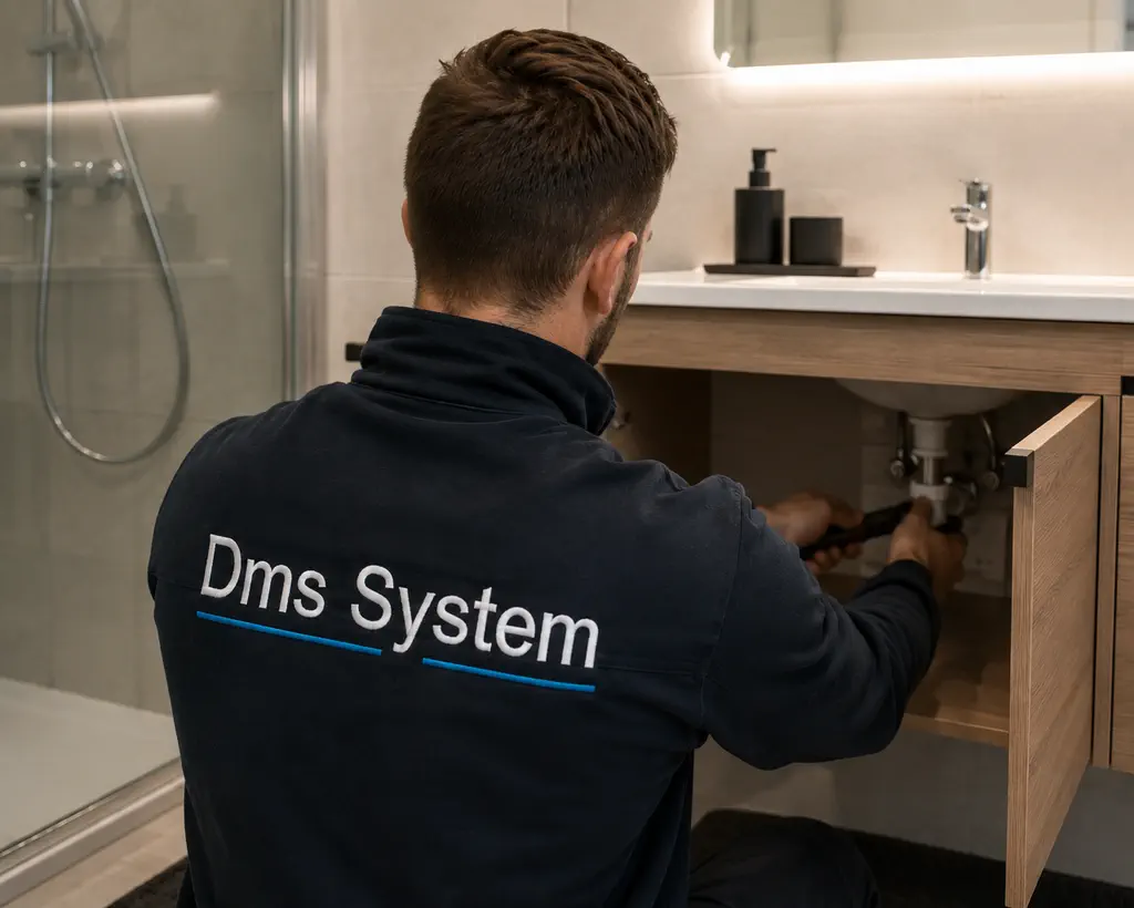 Technicien DMS System raccordant un meuble vasque de salle de bain